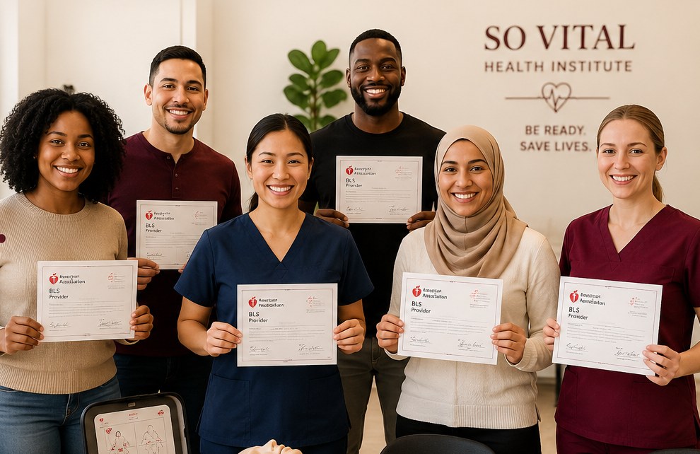 So Vital Health Institute students with their American Heart Association BLS certificates.